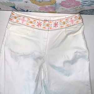 Talbots white stretch straight leg pant with pretty embroidered waistband